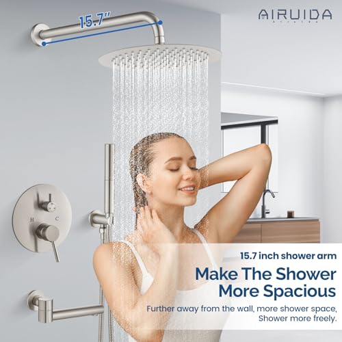 Airuida 3-Function Shower System with Tub Spout – Round Rainfall Shower Faucet Combo,Handheld Spray with 2 Functions,Includes Rough-In Valve with 360° Rotating Drain,12 Inch Shower Head,Brushed Nickel - color: Brushed Nickel, size: 12 Inch
