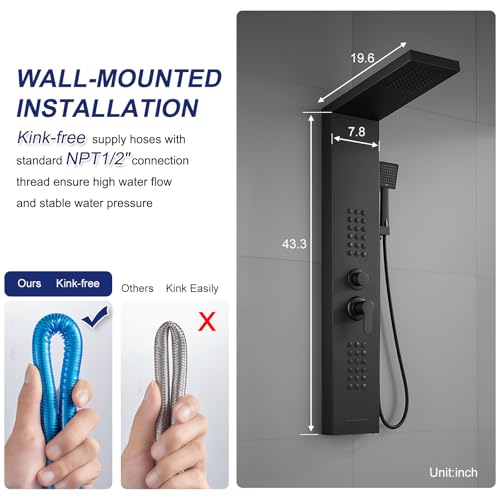 ROVATE Shower Panel Tower System with Rainfall Shower Head, Matte Black | Shower Tower with Powerful Body Jets, Handheld Shower and Tub Spout, Stainless Steel Shower Column Black High Pressure - style: 4 Modes-Matte Black-2 Jets