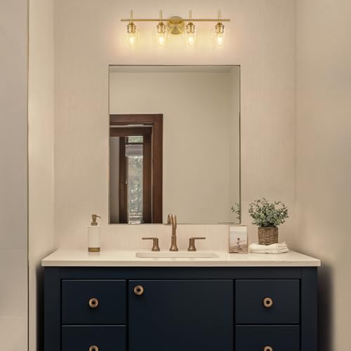 foucasal Bathroom Light Fixtures 4-Light Gold Bathroom Vanity Light | Win Glass Clear Shade, Modern Wall Lights for Bathroom Bedroom Hallway Living Room (Gold, 4-Light) - color: Gold & Clear E26, size: 4-light