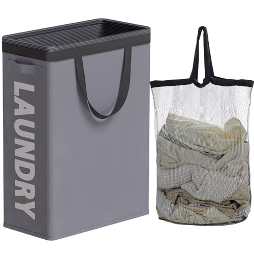 45L Slim Laundry Hamper with Removable Inner Bag & Side Handles, Grey | Small Laundry Baskets with Mesh Top, Narrow Dirty Clothes Hamper for Bedroom, Closet, and Bathroom - color: Gray - Inner Bag, size: 45L