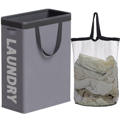 45L Slim Laundry Hamper with Removable Inner Bag & Side Handles, Grey | Small Laundry Baskets with Mesh Top, Narrow Dirty Clothes Hamper for Bedroom, Closet, and Bathroom - color: Gray - Inner Bag, size: 45L