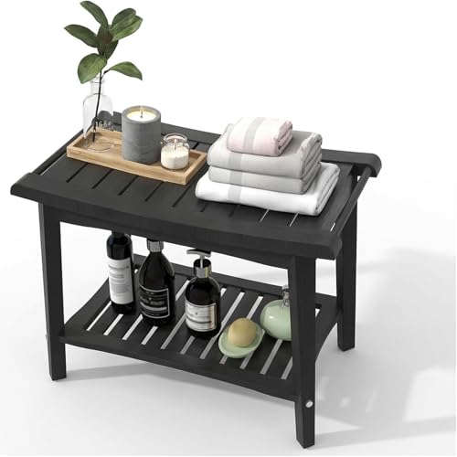 Bamboo Shower Bench for Inside Shower to Sit on, Heavy Duty Bathroom Chair Seat with Storage Shelf, 23.7" W x 12.9" Dx 18.4" H, Spa Bath Chair for Bathrooms, 300 lbs Capacity (Black) - color: Black