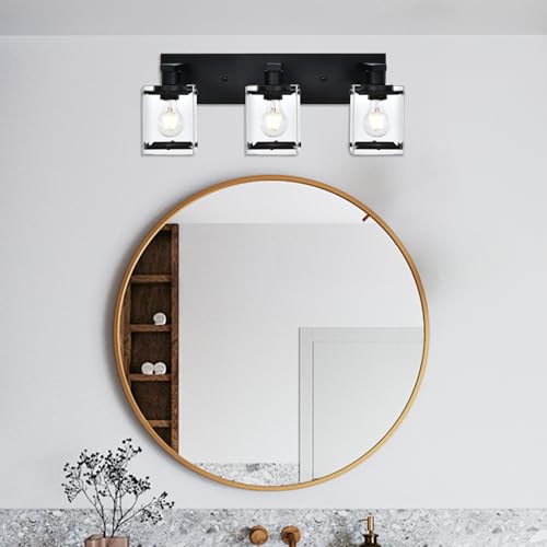 3-Light Black Bathroom Light Fixture Over Mirror, Vanity Wall Lighting with Rectangular Clear Glass, E26 Bulb Base - color: Black, Clear Glass, size: 3-Lights