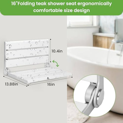 Wall Mounted Shower Seat – 16IN Teak Fold Down Shower Seat for Elderly, Disabled & Pregnant Women – Sturdy Shower Benches for Inside Shower with 400LB Capacity – 2026 Premium White Shower Bench - color: White
