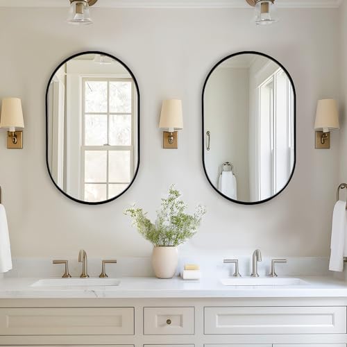 DlandHome Oval Bathroom Medicine Cabinet with Mirror, 34”x20” Recessed Medicine Cabinet for Bathroom with Beveled Edge Mirror,Black - color: Black
