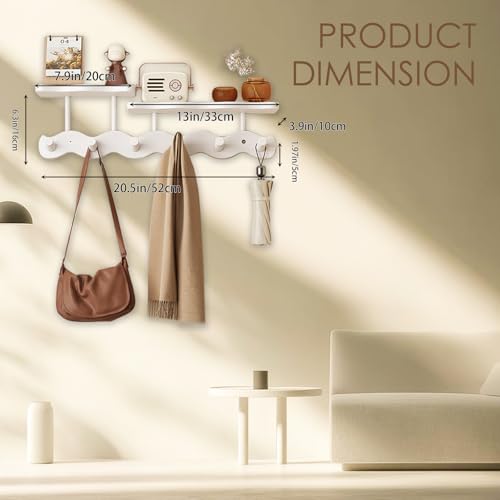 Wall-Mounted Coat Rack with Shelf, Wooden Coat Hanger with 6 Sturdy Hooks, Drill-Mounted Design for Hanging Clothes, Hats, Towels, Bags, and Robes (White) - color: White