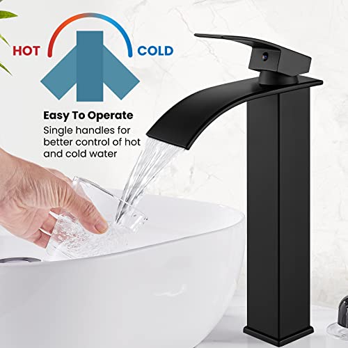 gotonovo Waterfall Tall Bathroom Faucet 1 Hole No Drain, Matte Black | Modern Vessel Sink Faucet Single Handle 304 Stainless Steel,24” cUPC Supply Hoses,for Bowl Basin Lavatory Vanity Restroom RV - color: Black