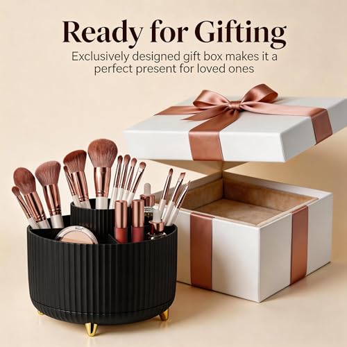 360 Rotating Makeup Brush Holder Organizer, 5-Slot Black Spinning Cup for Women, Vanity Desk & Bathroom Storage for Cosmetics and Beauty Tools Accessories
