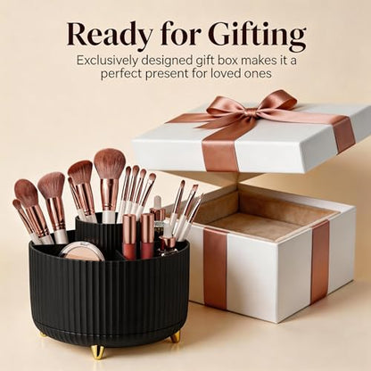 360 Rotating Makeup Brush Holder Organizer, 5-Slot Black Spinning Cup for Women, Vanity Desk & Bathroom Storage for Cosmetics and Beauty Tools Accessories
