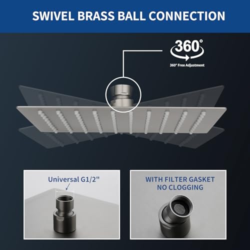 Rain Shower Head 10'' High Pressure Square Rainfall Shower Head Stainless Steel Ultra Thin Waterfall Bathroom Showerhead Body Covering Ceiling Mounted (Brushed nickel)