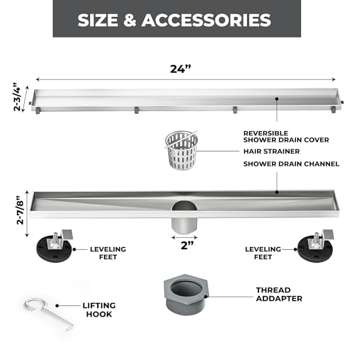 24-Inch Linear Shower Drain - 304 Stainless Steel | Reversible 2-in-1 Flat & Tile Insert Cover, Rectangular Floor Drain Set with Hair Catcher & Adjustable Leveling Feet - color: Brushed Nickel, size: 24 Inch