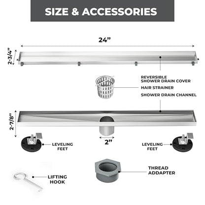 24-Inch Linear Shower Drain - 304 Stainless Steel | Reversible 2-in-1 Flat & Tile Insert Cover, Rectangular Floor Drain Set with Hair Catcher & Adjustable Leveling Feet - color: Brushed Nickel, size: 24 Inch