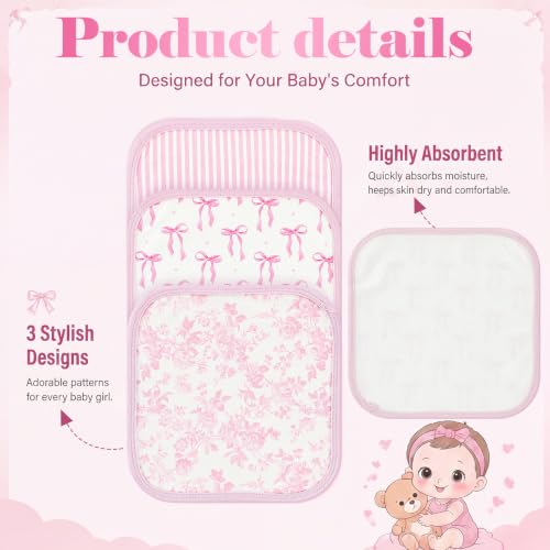 Irenare 3 Pack Pink Bow Baby Washcloths, Floral Striped Baby Soft Face Towels, Absorbent Knit Terry Wash Cloth for Girls, Gentle on Sensitive Skin Great for Bathing Wiping Shower Gift and Essential