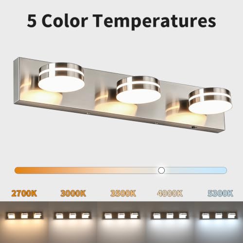 3-Light Bathroom Vanity Light 23.62in Brushed Nickel Vanity Light | 5CCT 18W LED Bathroom Light Fixtures Over Mirror,Dimmable 360°Rotate for Makeup Vanity Table Bathroom Mirror Bedroom - color: Nickel-5CCT-Dimmable