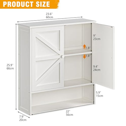 Bathroom Wall Cabinet, White 25.9" x 23.6" Over The Toilet Storage Cabinet, Bamboo Wall Mounted Bathroom Cabinet with Adjustable Shelves for Kitchen & Laundry Room (White)