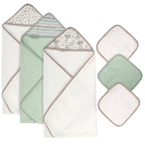 Hooded Baby Bath Towel and Washcloth 6 Piece Set for Newborns, Infants & Toddlers, Boys & Girls Baby Hooded Towels Set (Dinosaurs & Stripes) - color: Dinosaurs & Stripes