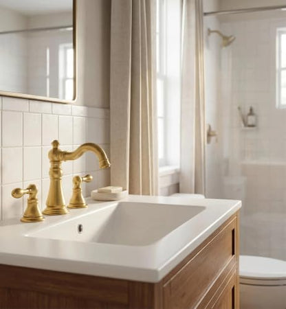 Brushed Gold 2-Handle 8 Inch Widespread Bathroom Faucet, 3 Holes | Derengge Traditional Widespread Sink Faucet, With Pop-Up Drain 360° Swivel Stainless Steel Spout, F-8805-BG - color: Brushed Gold