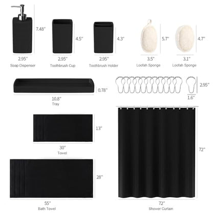 Resin Black Bathroom Sets, Black Bathroom Accessories Set with Shower Curtain, Bath Towel Set, Natural Loofah Sponge, Soap Dispenser, Toothbrush Holder, Bathroom Tumbler and Tray for Countertop - size: Bath Set+Shower Curtain+Towel Set+2PCS Loofah, style: