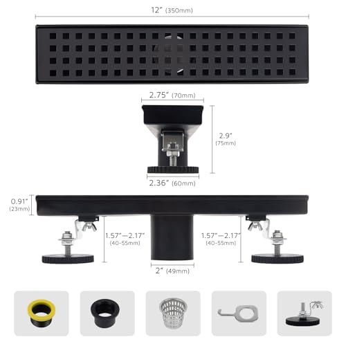 12 Inch Linear Shower Drain Matte Black, Rectangular Shower Floor Drain Kit 304 Stainless Steel, Removable Grid Grate, Hair Catcher, Leveling Feet - color: Matte Black, size: 3"x 12"-Grate