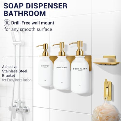Shampoo and Conditioner Dispenser Wall Mounted Set with Soap Dish and Hook | Soap Dispenser Set of 3. Refillable Bottles with Pumps, Drill Free Adhesive Bathroom Organizer, Dorm Room Essentials, Gold