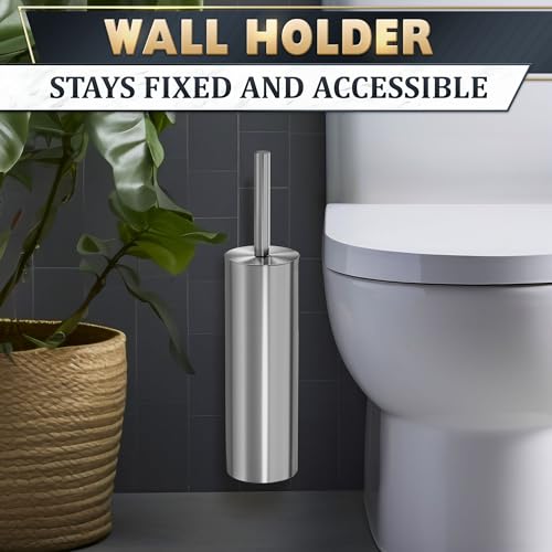 Wall Mounted Toilet Brush and Holder Set, Stainless Steel (Silver) | Stainless Steel Toilet Brush and Holder Set, Removable Inner Bowl, Dense Bristles, Rustproof, for Modern Bathroom Walls - color: Silver Wall-mounted