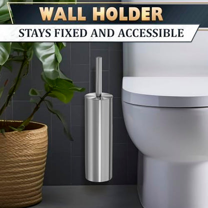 Wall Mounted Toilet Brush and Holder Set, Stainless Steel (Silver) | Stainless Steel Toilet Brush and Holder Set, Removable Inner Bowl, Dense Bristles, Rustproof, for Modern Bathroom Walls - color: Silver Wall-mounted