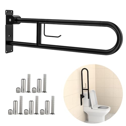 Toilet Grab Bar 32 Inch,YuanDe Matte Black Anti-Slip U-Flip-Up Handrails | Stainless Steel,Knurled Grip, Paper Holder, Toilet-Side Use, Sit/Stand Assistance, Elderly/Disabled/Pregnant Safety Assist - color: Matte Black, size: 32 IN