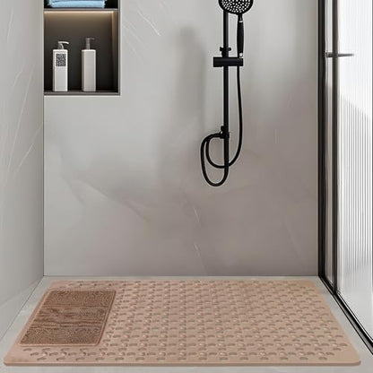 Shower Mat Non Slip: 35.4" x 23.6" Large PVC Heavy Shower Mats for Inside Shower - Quick Dry Shower Foot Scrubber Matt with Drain Hole and Suction Cups for Elderly - color: Khaki