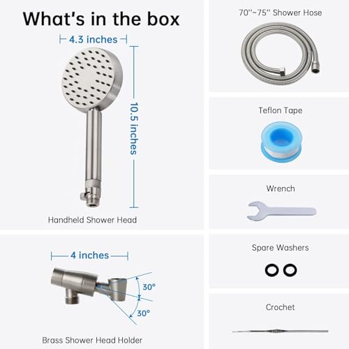 G-Promise All Metal Handheld Shower Head with Shut Off Valve & Long Hose | Built to Last, Water-Saving On/Off Pause Valve, Solid Brass Bracket Holder, 70" to 75" Flexible Stainless Steel Hose