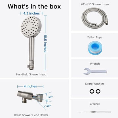 G-Promise All Metal Handheld Shower Head with Shut Off Valve & Long Hose | Built to Last, Water-Saving On/Off Pause Valve, Solid Brass Bracket Holder, 70" to 75" Flexible Stainless Steel Hose