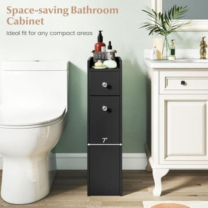 Giantex Slim Bathroom Storage Cabinet, Space-saving Toilet Side Cabinet with Slide-out Drawers on 3 Wheels, Freestanding Narrow Toilet Paper Holder for Living Room, Laundry Room, Compact Space (Black) - color: Black