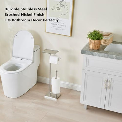 Toilet Paper Holder with Tray At the Top, Heavy-Weighted Stainless Steel Base No Wobbly, Freestanding Toilet Paper Rolls Stand, Hold Extra 3 Paper Rolls On the Base (Brushed Nickel) - color: Brushed Nickel