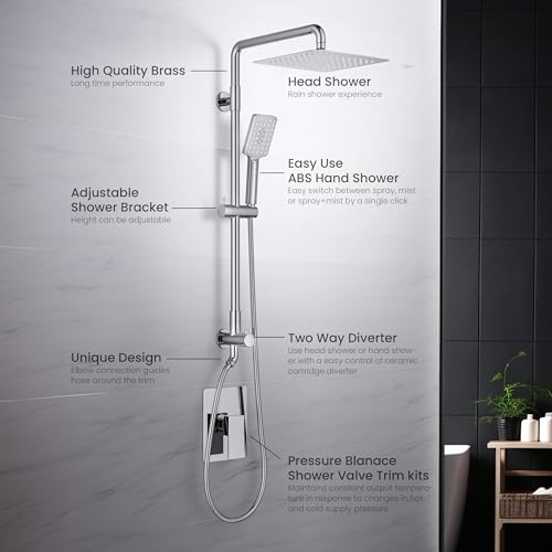 KIBI Cube 2-Function Wall Mounted Rain Shower Column | Bathroom Shower Faucet System with Solid Brass Rough-In Valve, 10" Rain Shower Head | Easy Temperature Control (Chrome Finish, KSC404) - color: Chrome