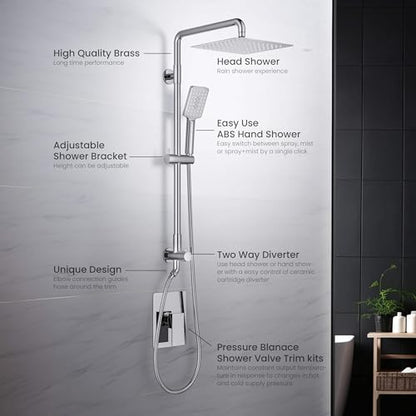 KIBI Cube 2-Function Wall Mounted Rain Shower Column | Bathroom Shower Faucet System with Solid Brass Rough-In Valve, 10" Rain Shower Head | Easy Temperature Control (Chrome Finish, KSC404) - color: Chrome