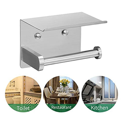 VAEHOLD Self Adhesive Toilet Paper Holder with Phone Shelf Stainless Steel Wall Mounted Toilet Paper Roll Holder - Rustproof and Bathroom Washroom Tissue Roll Holder with Storage Shelf - Silver - color: Silver