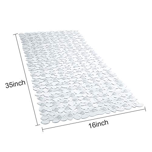 WELTRXE Non Slip Bath Mat Pebbles Bathtub Mat with Suction Cups, Drain Holes for Bathroom Showers, Tub, 35 x 16 Inches Machine Washable Bathroom Mats BPA, Latex Free Safe Shower Mats - Clear - color: Pebbles-clear, size: 35" x 16" (Rectangular)