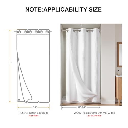 River Dream 36" W Stall Waffle No Hook Shower Curtain with Snap-in Liner,Cotton Blend Fabric Shower Curtain for Bathroom, White,36Wx74L