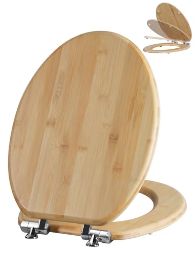 Angol Shiold ELONGATED Bamboo Wood Toilet Seat Soft Close 18.5Inch | Zinc Alloy Strong Hinges, Light, Easy to Install & Clean, Up to 400 lbs (Elongated 18.5", Natural Bamboo) - color: Soft Close, size: Elongated -18.5"