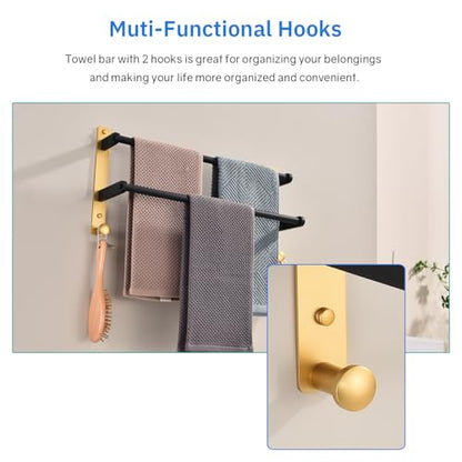 18 Inch Stainless Steel Towel Rack with Hooks - 2-Tiers Ladder Towel Hanger, Double Bar Wall Mounted for Bathroom, Black & Gold - color: Black & Gold, size: 18-Inch
