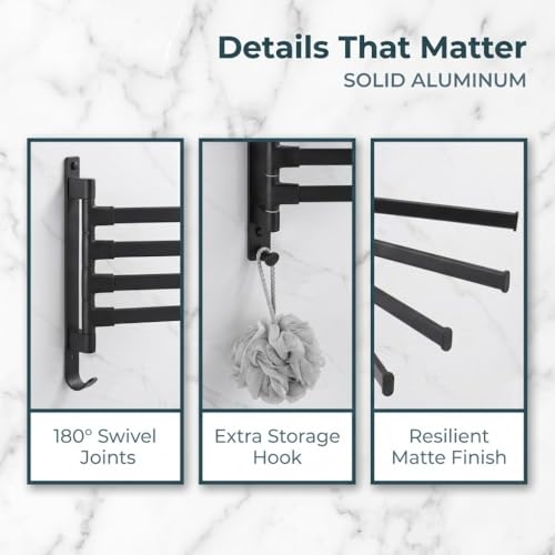 Black Aluminum Swivel Towel Bar, Wall Mounted 180 Degree Rotating Multi-Arm Towel Rack with Bottom Hook for Bathroom Kitchen(4-Arm) - size: 4-Arm
