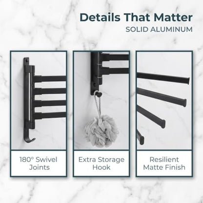 Black Aluminum Swivel Towel Bar, Wall Mounted 180 Degree Rotating Multi-Arm Towel Rack with Bottom Hook for Bathroom Kitchen(4-Arm) - size: 4-Arm