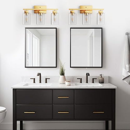 3-Light Bathroom Light Fixtures, Brushed Gold Modern Vanity Lights, Bathroom Lighting Fixtures Over Mirror, Square Design Farmhouse Wall Sconces with Clear Glass Shades - color: Brushed Gold, size: 3-Light