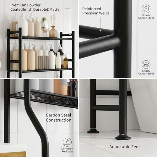 GloTika 3-Tier Over Toilet Storage, Anti-Tilt, 64" H, Black, 2 Baskets | Anti-Tilt Safety System, 150lb Capacity, Carbon Steel, Freestanding, No Drilling, Anti-Rust Coating, Paper Holder & 4 Hooks - color: Black-with 2 Basket, size: 3-Tier