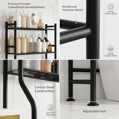 GloTika 3-Tier Over Toilet Storage, Anti-Tilt, 64" H, Black, 2 Baskets | Anti-Tilt Safety System, 150lb Capacity, Carbon Steel, Freestanding, No Drilling, Anti-Rust Coating, Paper Holder & 4 Hooks - color: Black-with 2 Basket, size: 3-Tier
