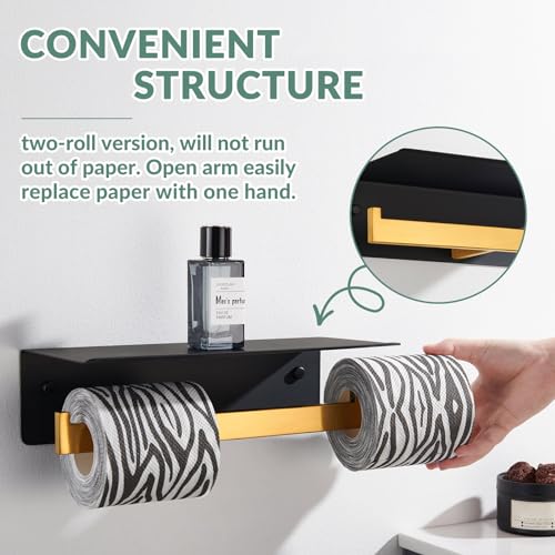 Double Toilet Paper Holder with Phone Shelf, 304 Stainless Steel Bathroom Tissue Hanger, Wall Mounted Dual Roll Paper Dispenser, Black & Gold - color: Black With Gold, size: Double Rod