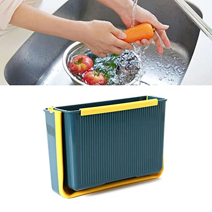 Wall Mounted Folding Trash Bin, Plastic and Silicone Foldable Hanging Kitchen Waste Can for Home Bathroom Bedroom Cabinet Counter (Blue) - color: blue