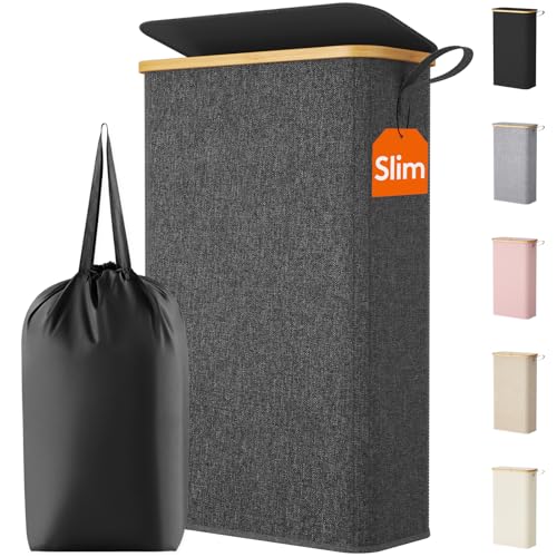 Lifewit 65L Slim Laundry Hamper with Lid, Narrow Laundry Basket with Removable Bag & Bamboo Handles, Fodable Thin Dirty Clothes Hamper for Laundry Collapsible Bin for Bathroom Bedroom Dorm, Dark Gray - color: Dark Gray, size: 65L