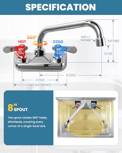 Commercial Hand Sink Faucet: 8" Swivel Spout 4'' Center Wall Mount Utility Faucet, Brass Constructed with 360° Swivel Spout, Dual Lever Handles, Restaurant/Laundry/Bar/RV, Chrome Polished - size: 4"center 8"