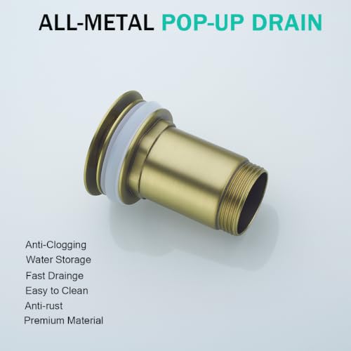 All Metal Bathroom Sink Drain,Pop-up Drain with Detachable Basket Stopper,Anti-Clogging Drain Strainer,Hair Catcher,for Vanity Vessel Sink Without Overflow,Brushed Gold,SE83997PB-BG - color: Brushed Gold(without Overflow)