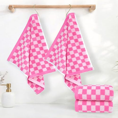 Pink Checkered Washcloths 12 Pack, Cotton Face Cloths for Bathroom | 13" x 13" Aesthetice Wash Cloths - color: Pink